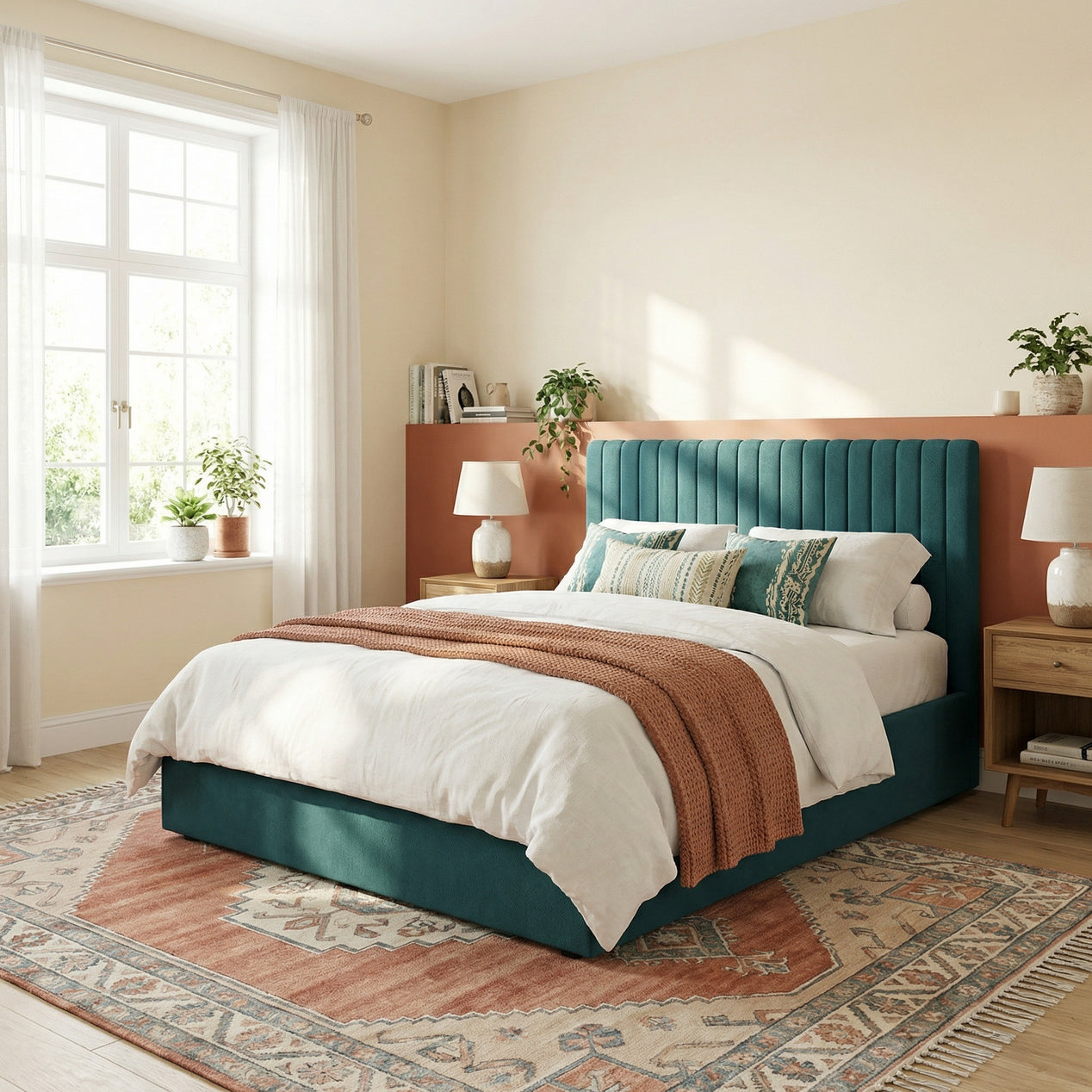 Double Size Tall Ottoman Storage Bedframe - Marbled Teal Fabric