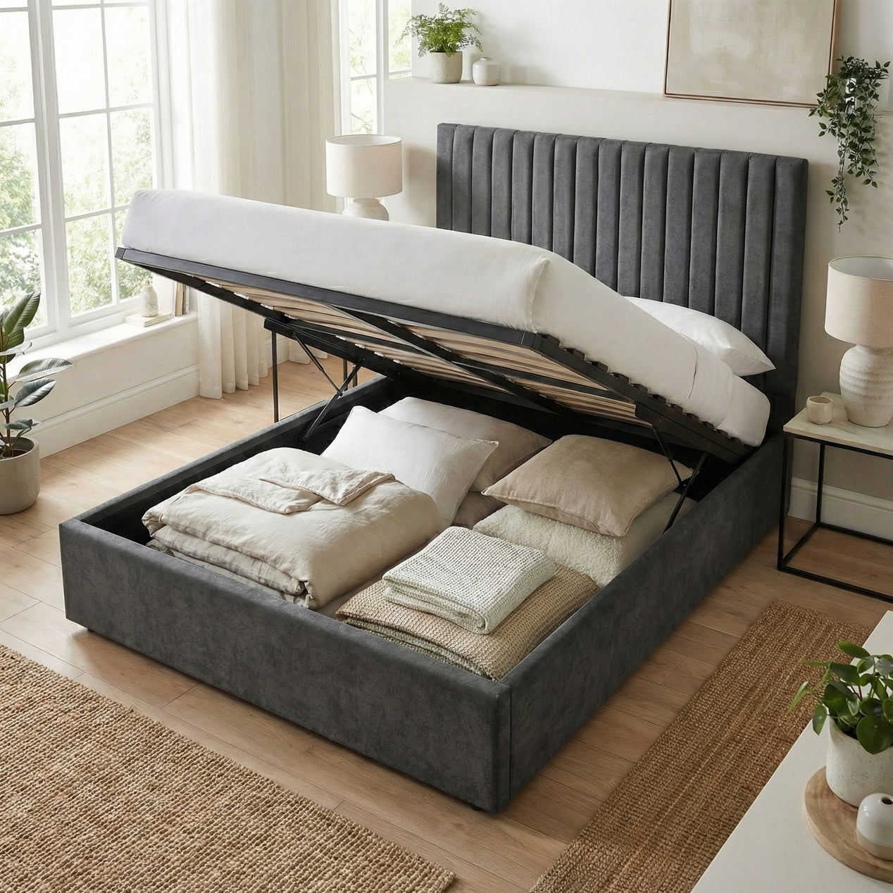 Double Size Tall Ottoman Storage Bedframe - Nickel Grey Fabric