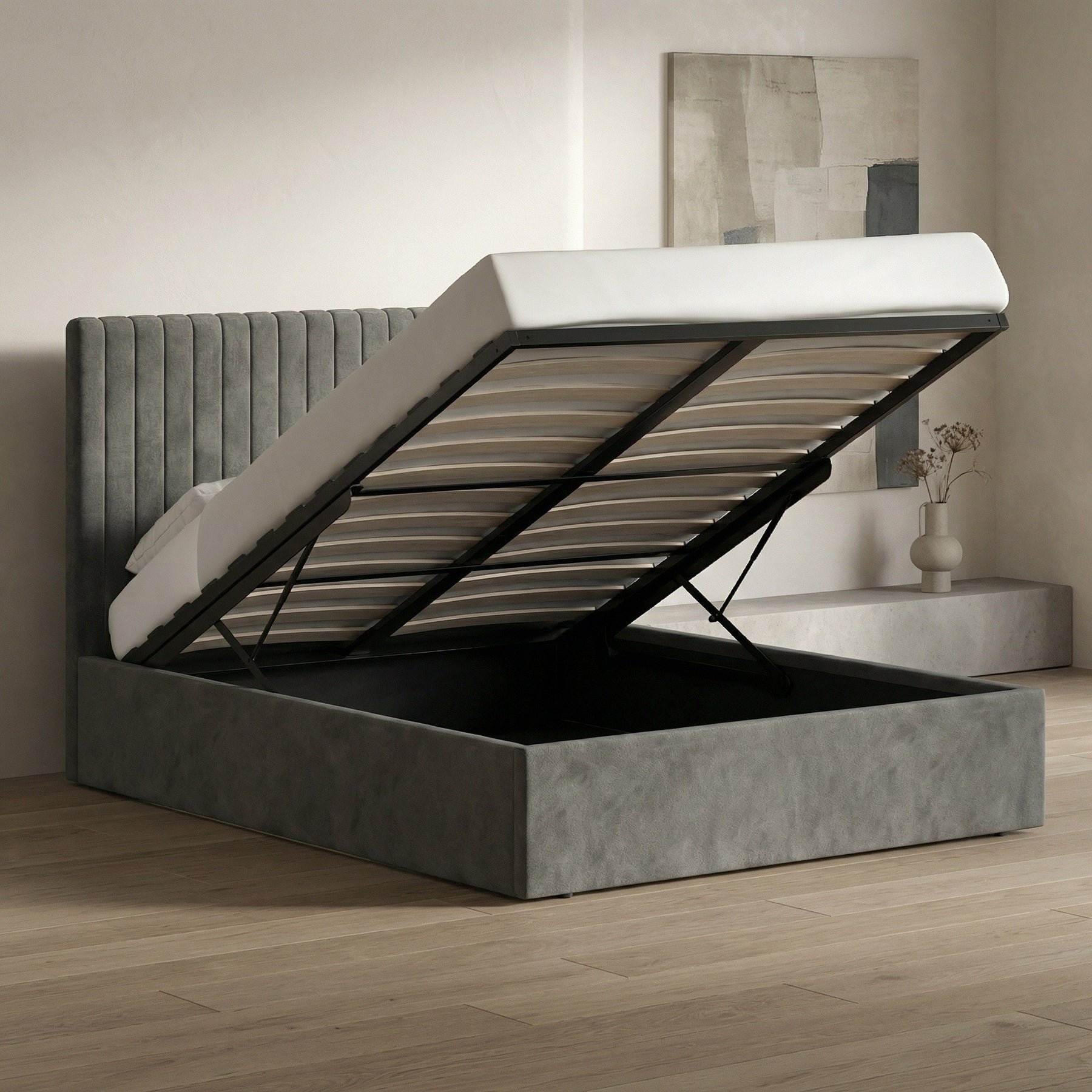 King Size Tall Ottoman Storage Bedframe - Nickel Grey Fabric