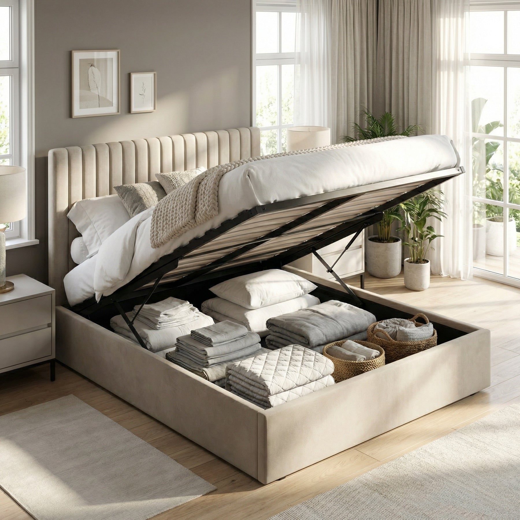 Double Size Tall Ottoman Storage Bedframe - Marbled Sand Fabric