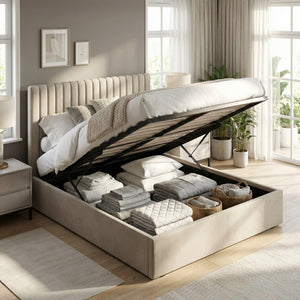 Double Size Tall Ottoman Storage Bedframe - Marbled Sand Fabric