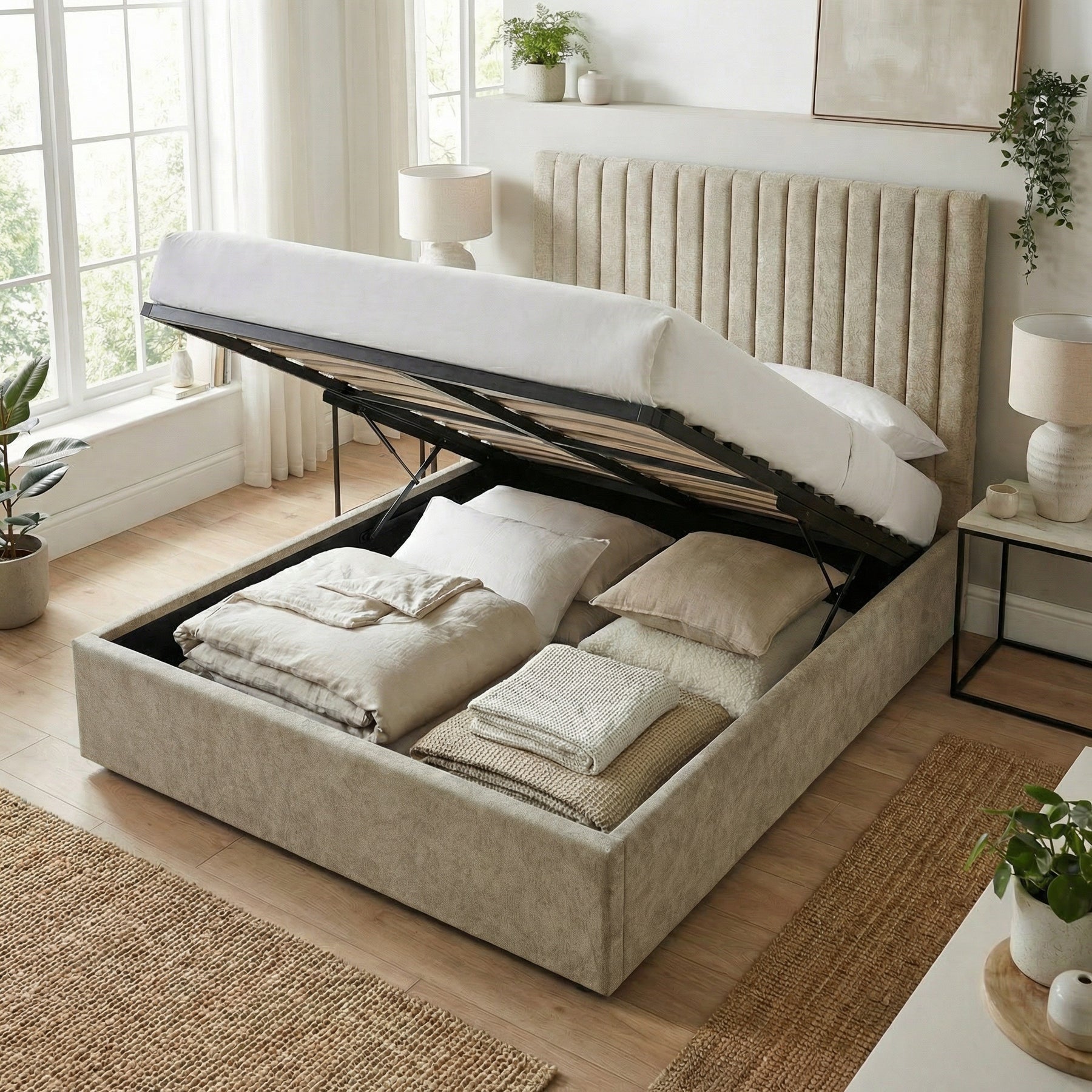 King Size Tall Ottoman Storage Bedframe - Marbled Sand Fabric