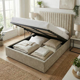 Double Size Tall Ottoman Storage Bedframe - Marbled Sand Fabric