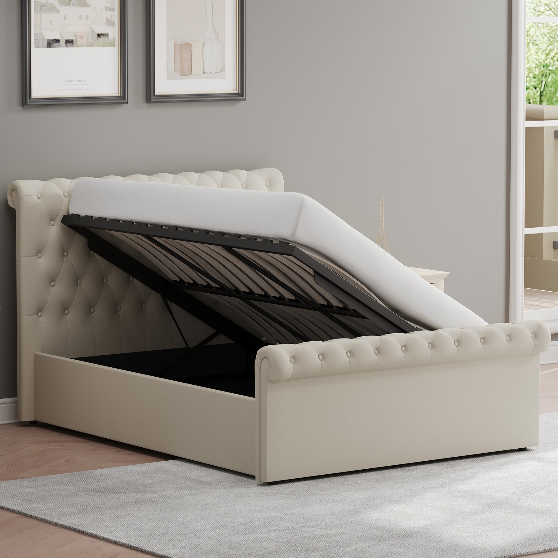 Double Size Side Lift Ottoman Storage Bedframe - Almond Fabric