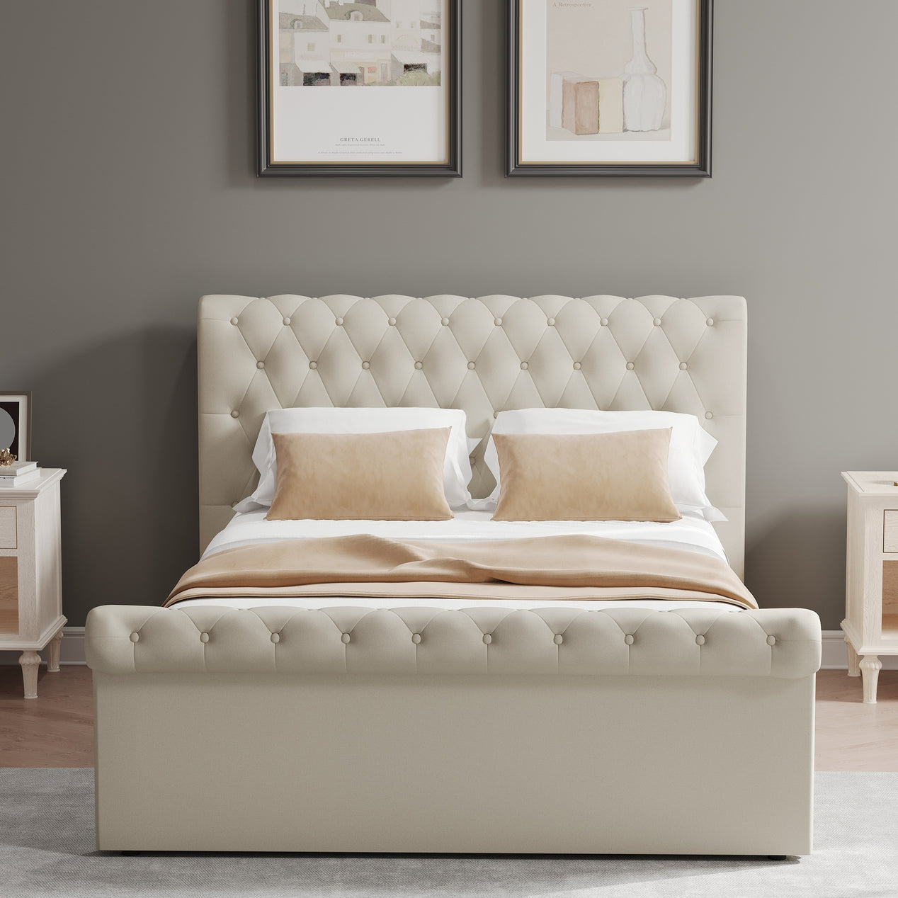 Double Size Side Lift Ottoman Storage Bedframe - Almond Fabric