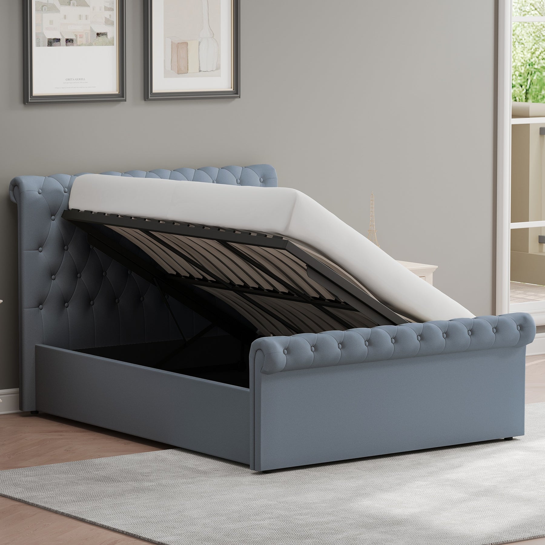 King Size Side Lift Ottoman Storage Bedframe - Steel Grey Fabric