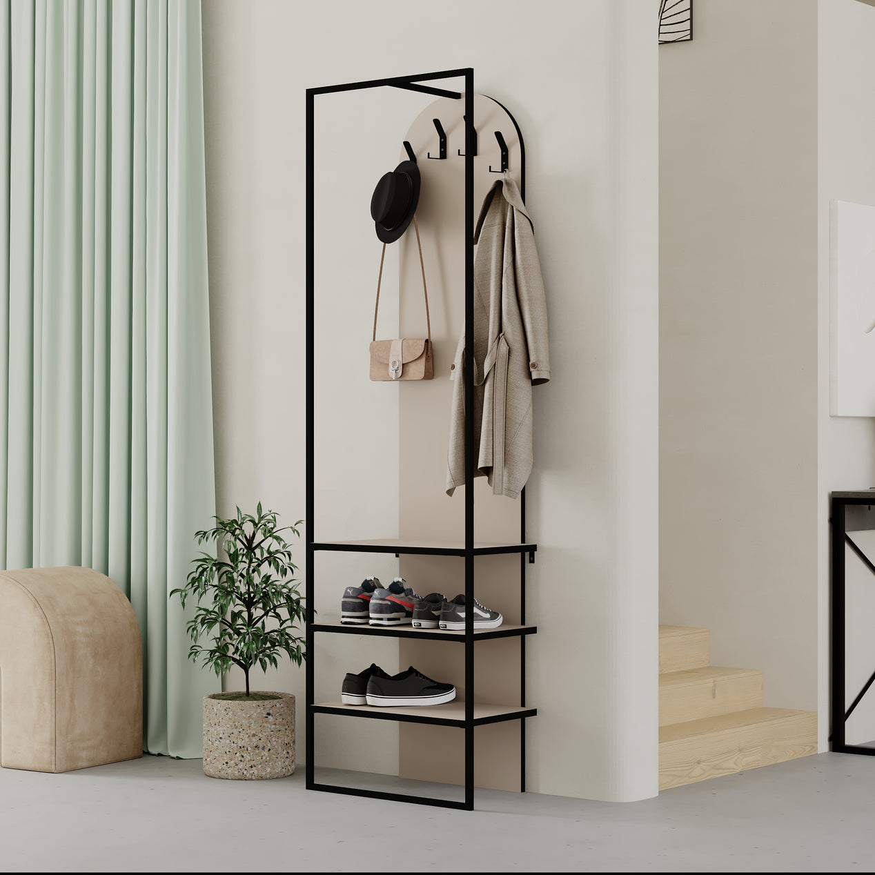 Modern Archy Hall Stand Coat Rack with Shoe Storage 180cm High Sandstone