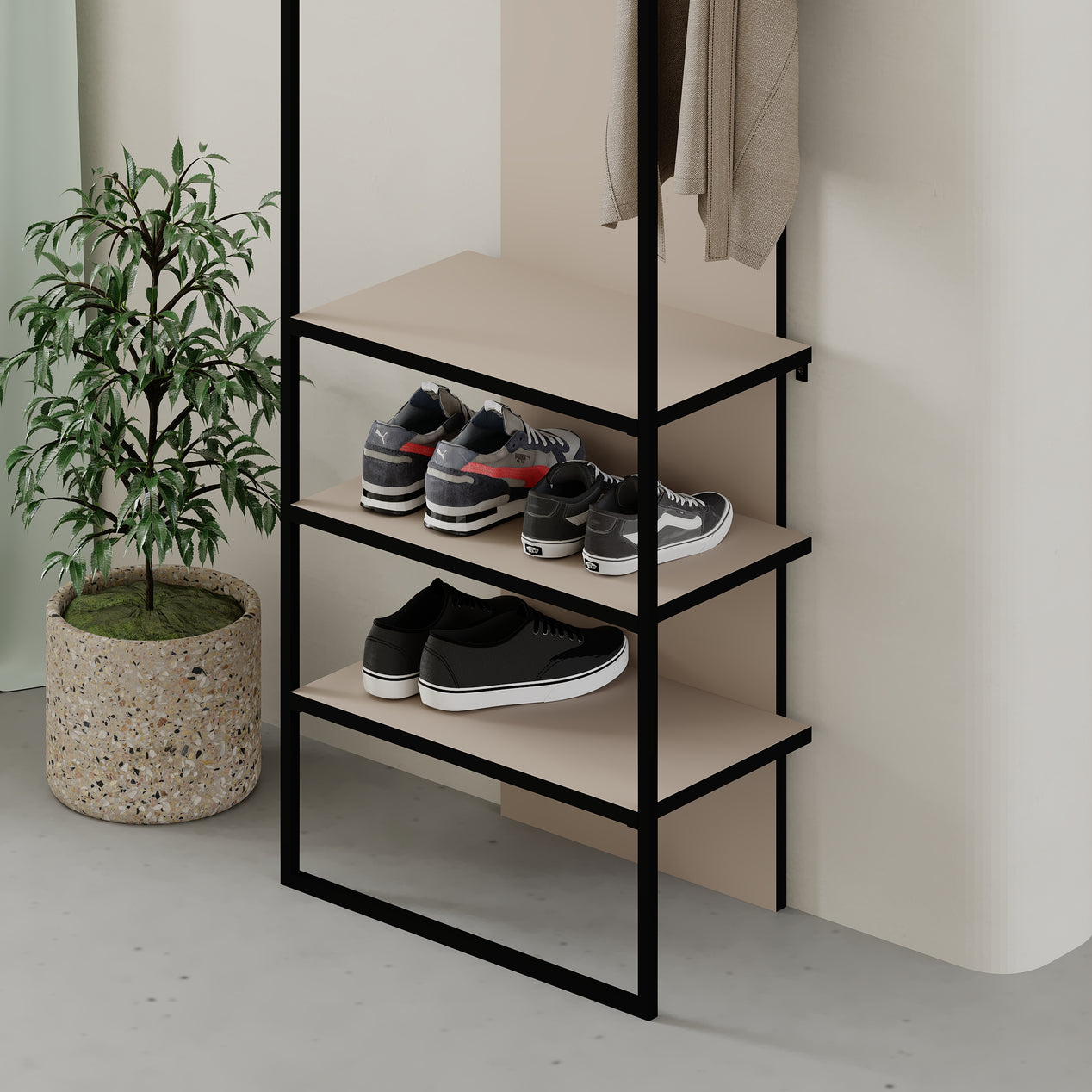 Modern Archy Hall Stand Coat Rack with Shoe Storage 180cm High Sandstone