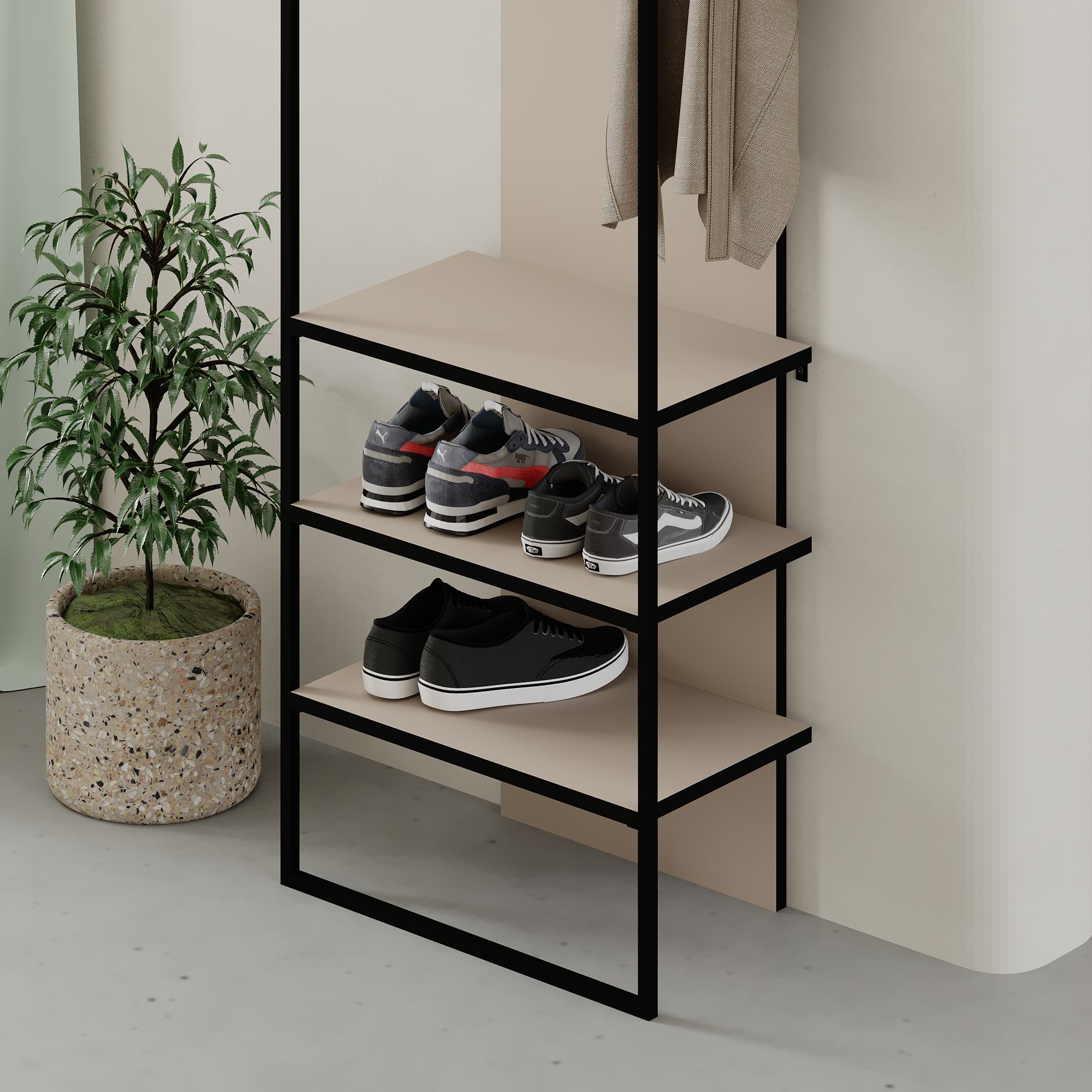 Modern Archy Hall Stand Coat Rack with Shoe Storage 180cm High Sandstone