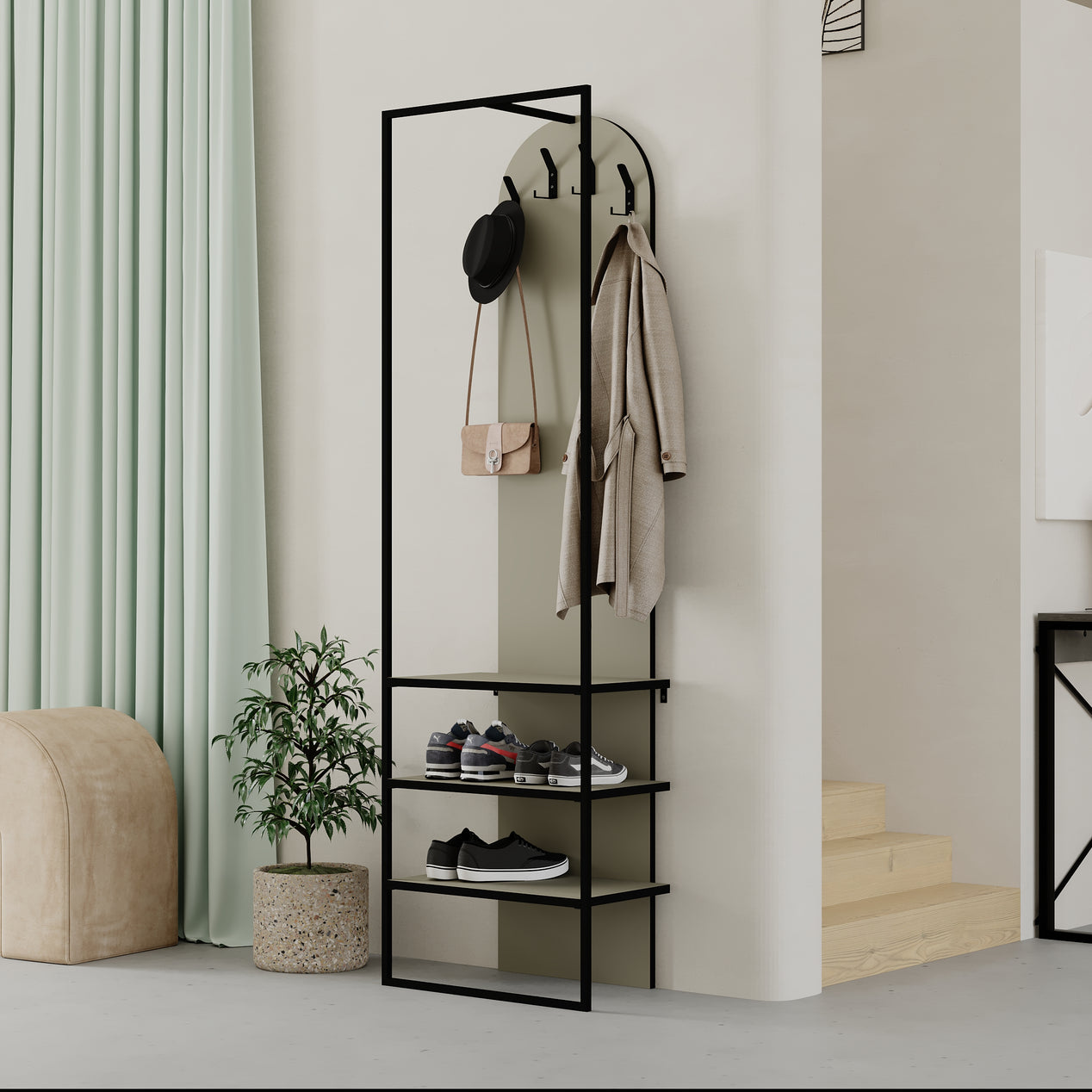 Modern Archy Hall Stand Coat Rack with Shoe Storage 180cm High Ash Green