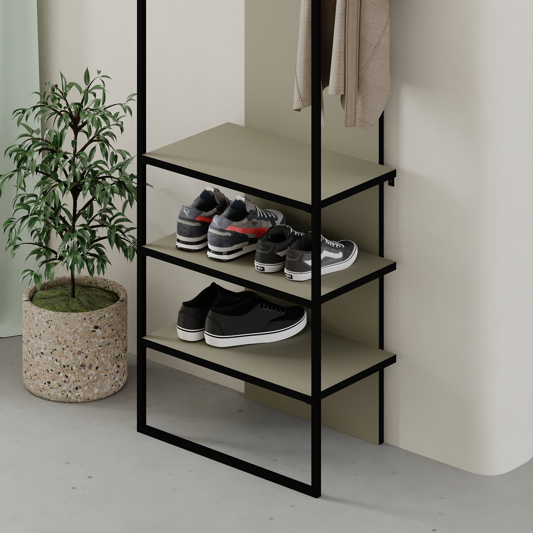 Modern Archy Hall Stand Coat Rack with Shoe Storage 180cm High Ash Green