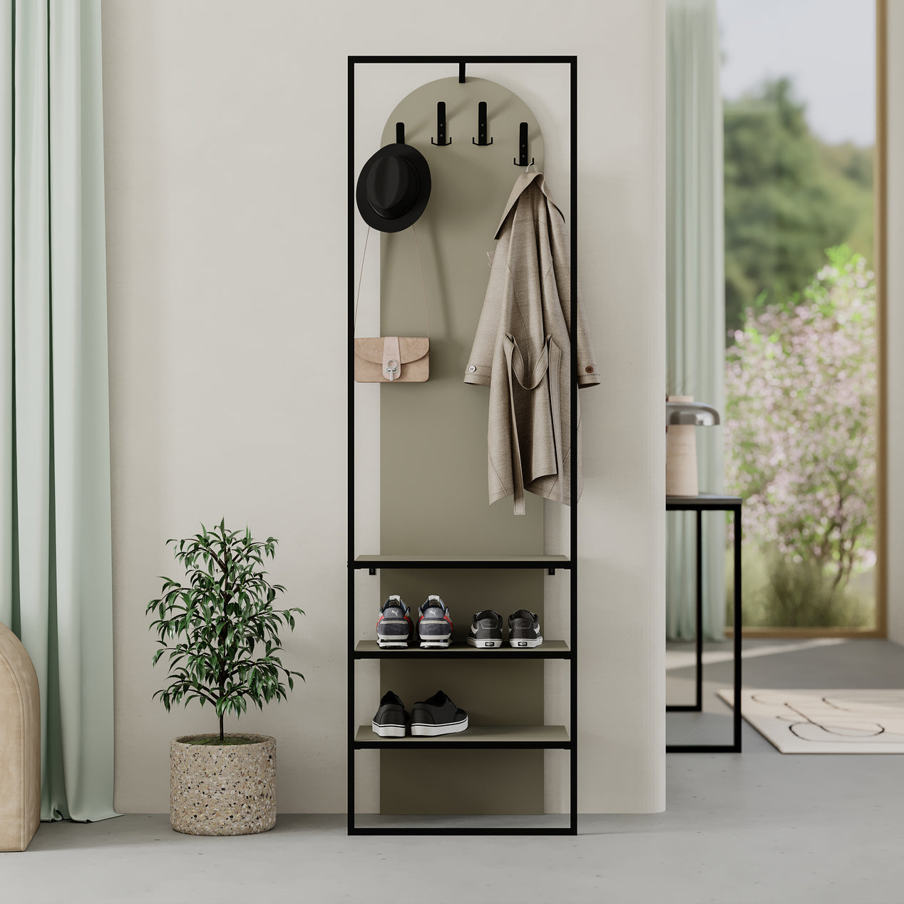 Modern Archy Hall Stand Coat Rack with Shoe Storage 180cm High Ash Green