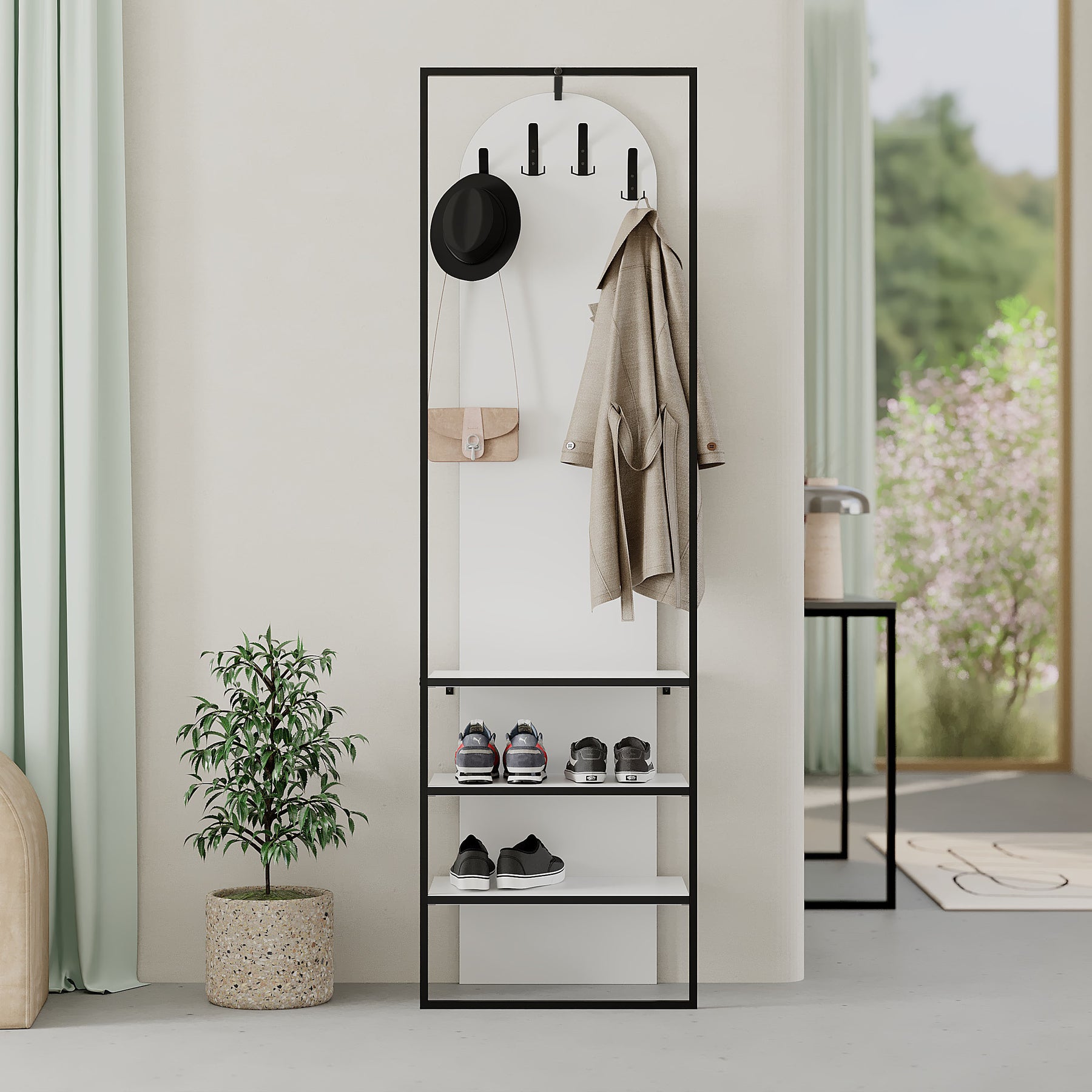 Modern Archy Hall Stand Coat Rack with Shoe Storage 180cm High White