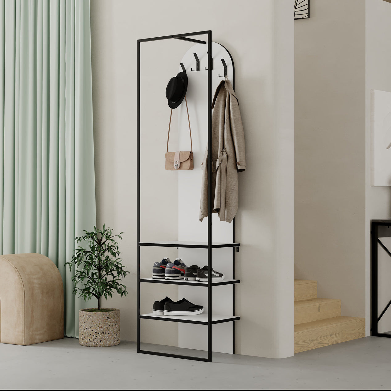 Modern Archy Hall Stand Coat Rack with Shoe Storage 180cm High White