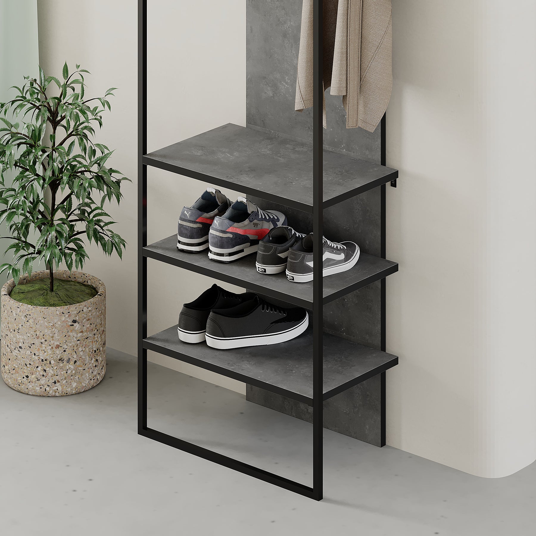 Modern Archy Hall Stand Coat Rack with Shoe Storage 180cm High Retro Grey