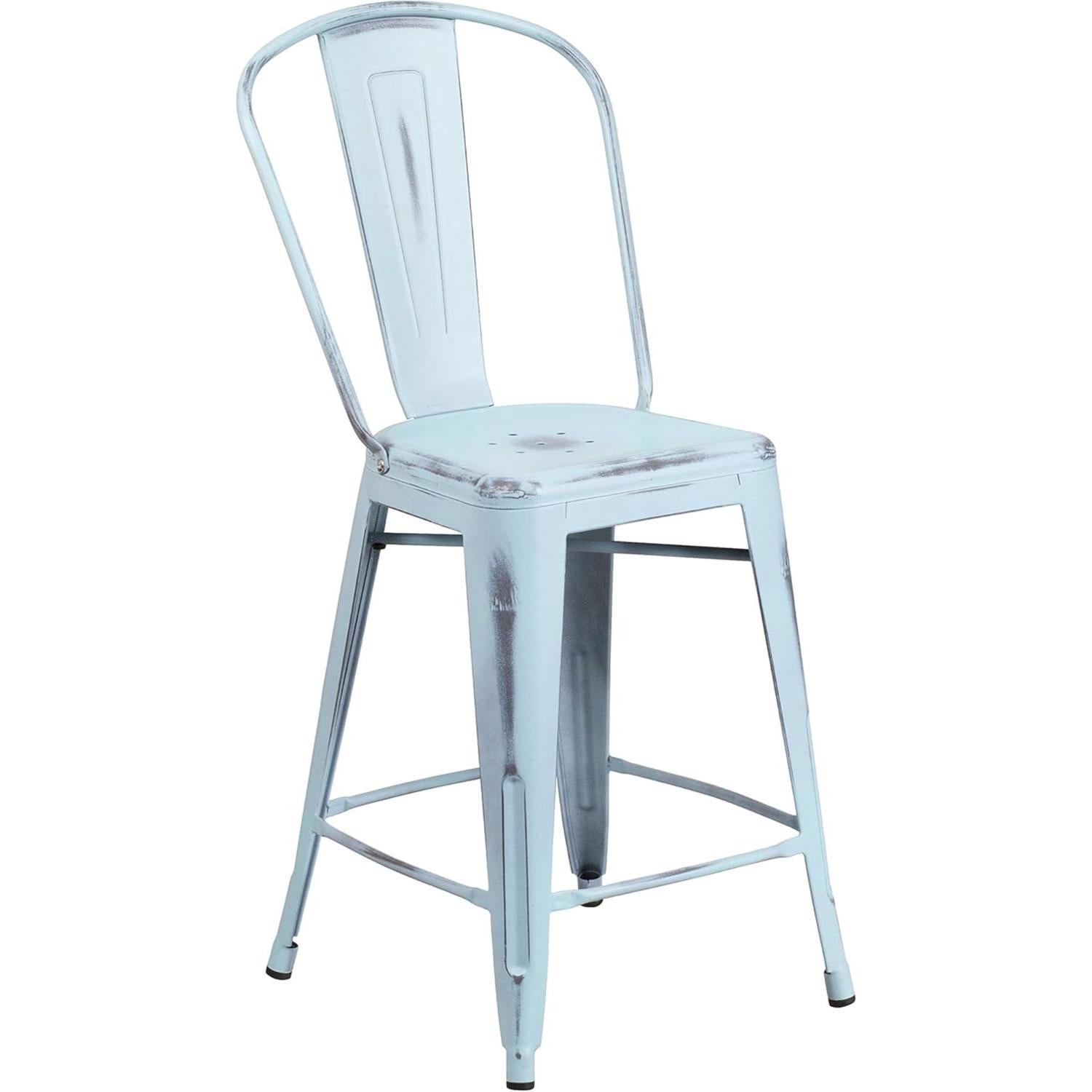 Blake 24 Industrial Style Bar Stool Chair, Pale Blue - Set of 4 - Modern Metal Counter Height
