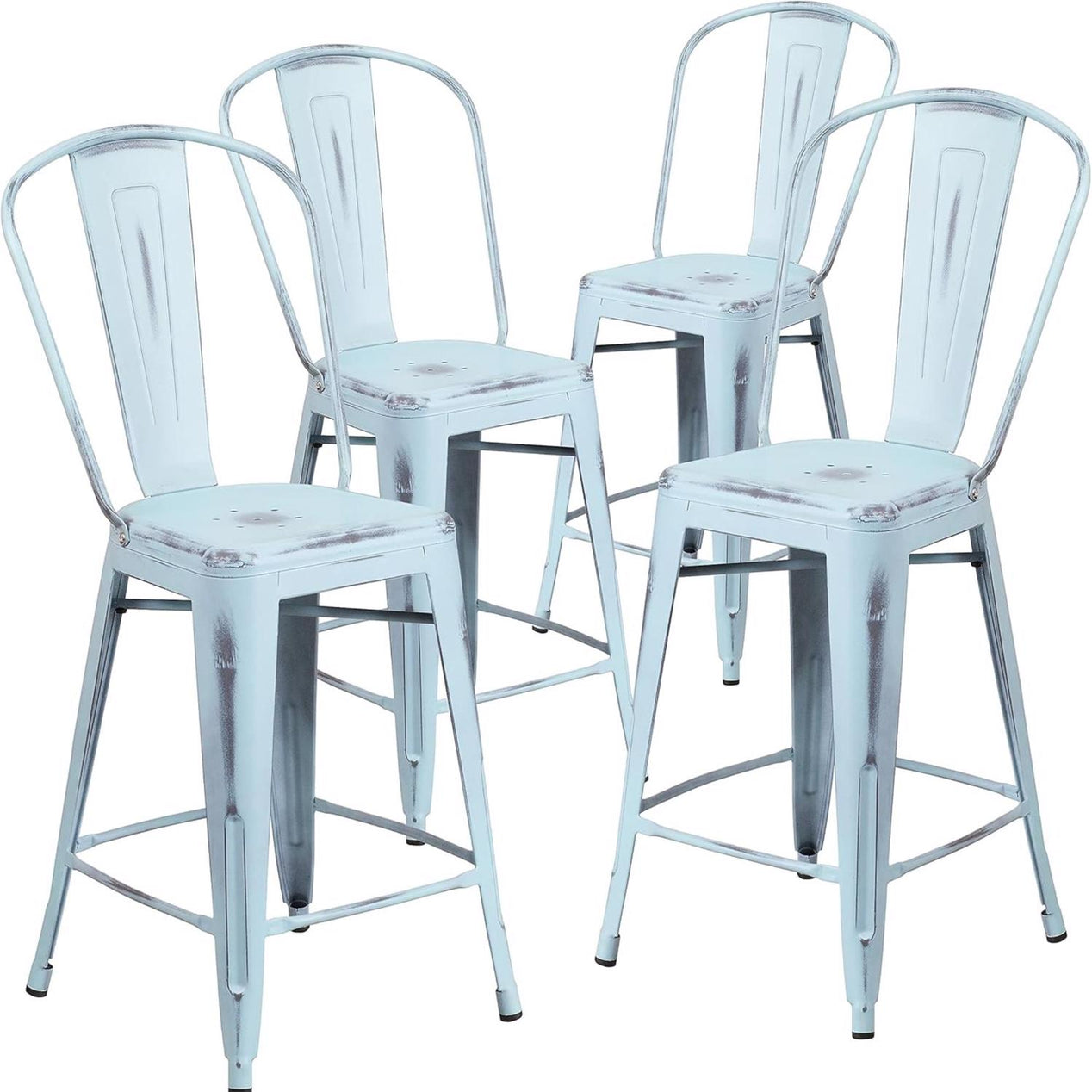 Blake 24 Industrial Style Bar Stool Chair, Pale Blue - Set of 4 - Modern Metal Counter Height