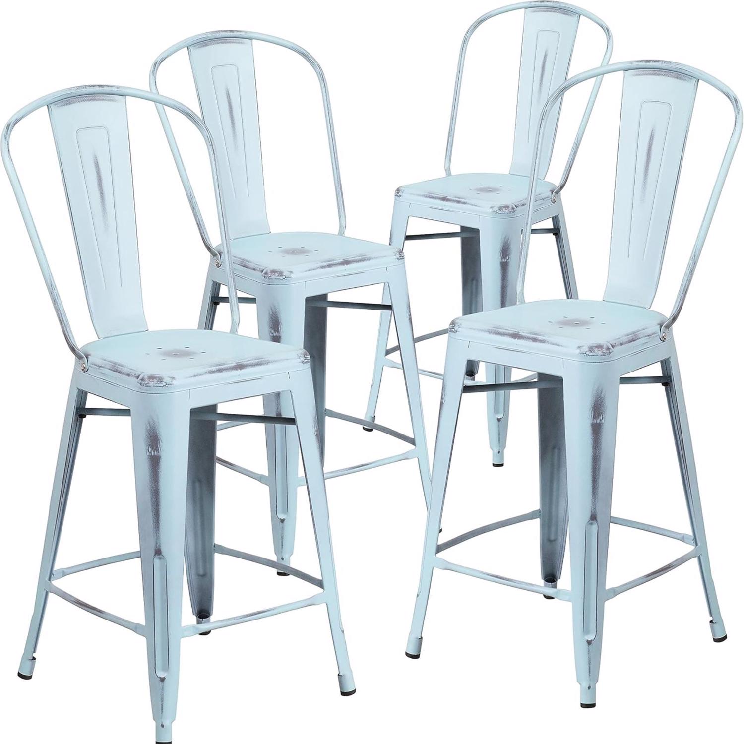Blake 24 Industrial Style Bar Stool Chair, Pale Blue - Set of 4 - Modern Metal Counter Height