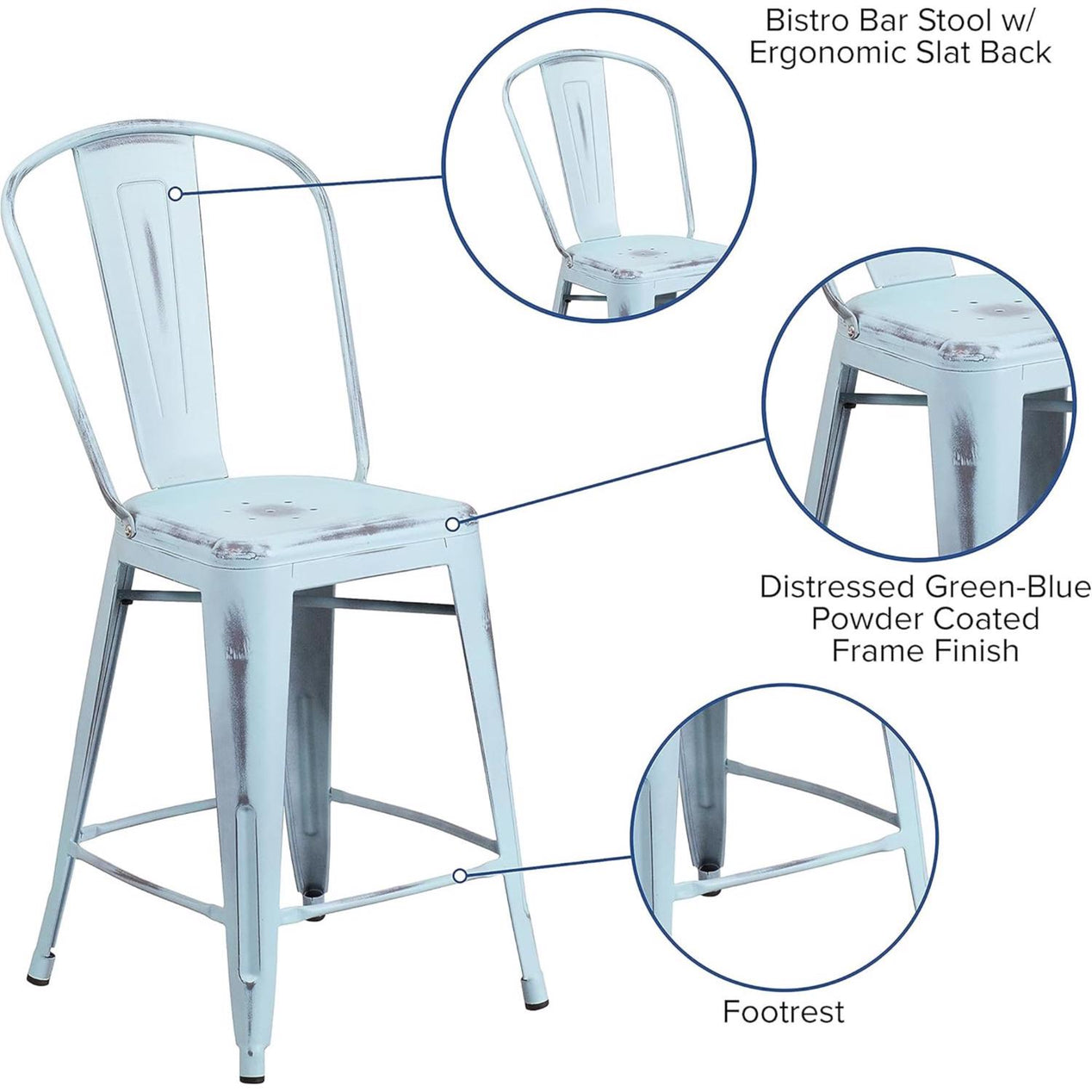 Blake 24 Industrial Style Bar Stool Chair, Pale Blue - Set of 4 - Modern Metal Counter Height