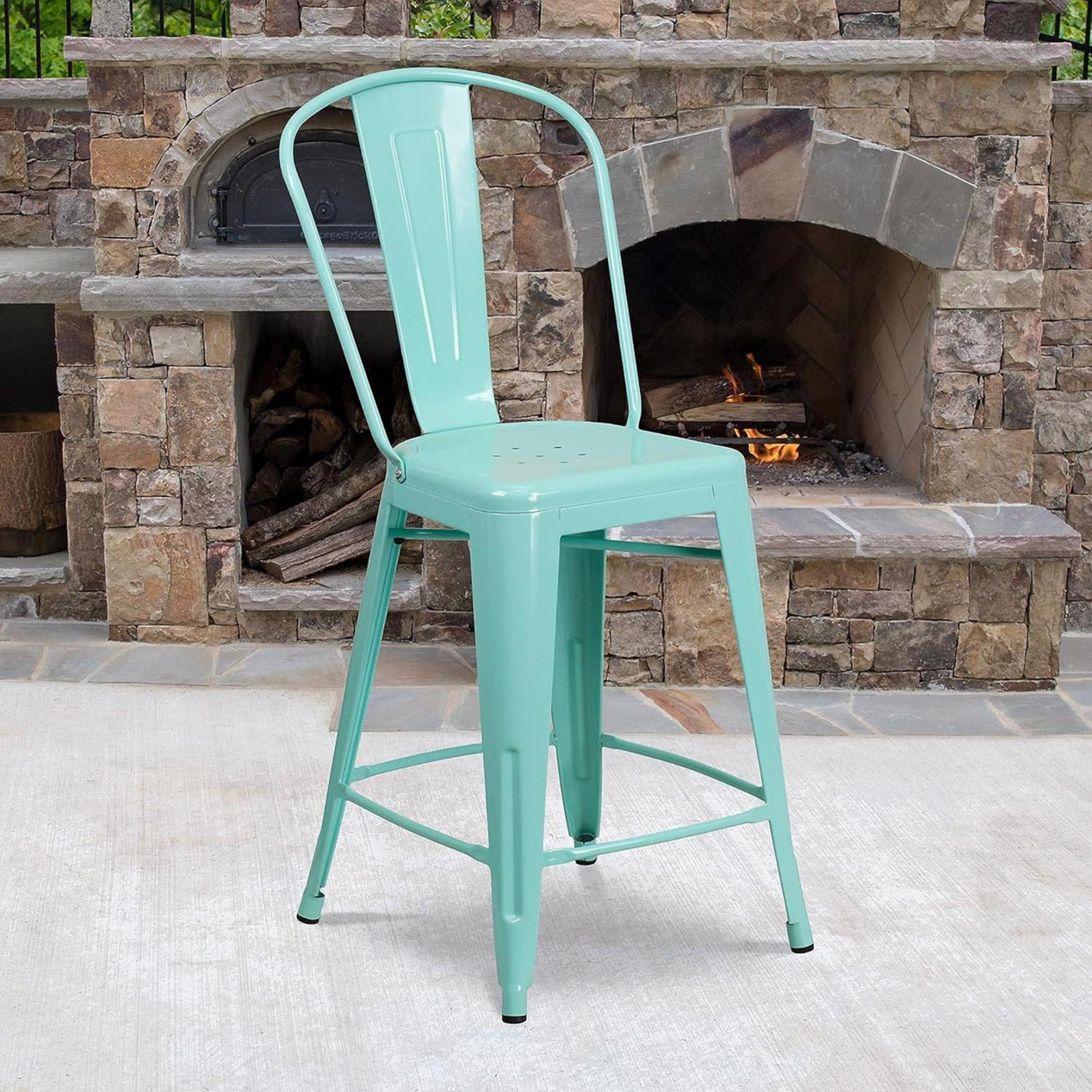Blake 24 Industrial Style Bar Stool Chair, Mint Green - Set of 4 - Modern Metal Counter Height
