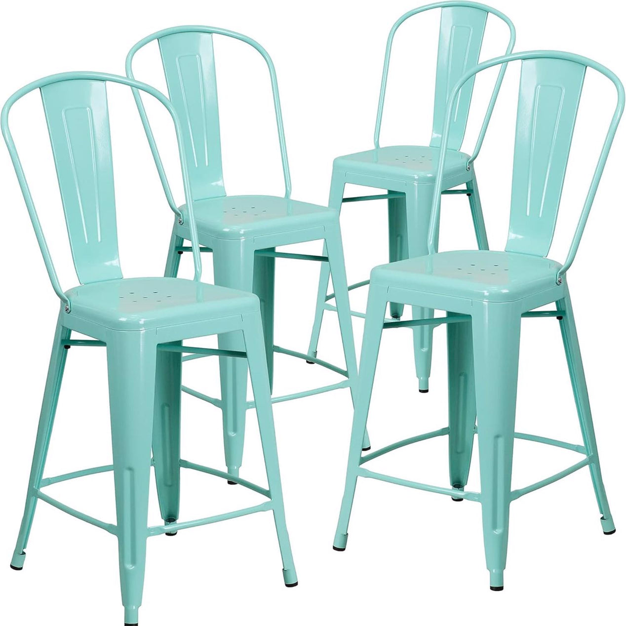 Blake 24 Industrial Style Bar Stool Chair, Mint Green - Set of 4 - Modern Metal Counter Height