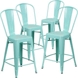 Blake 24 Industrial Style Bar Stool Chair, Mint Green - Set of 4 - Modern Metal Counter Height