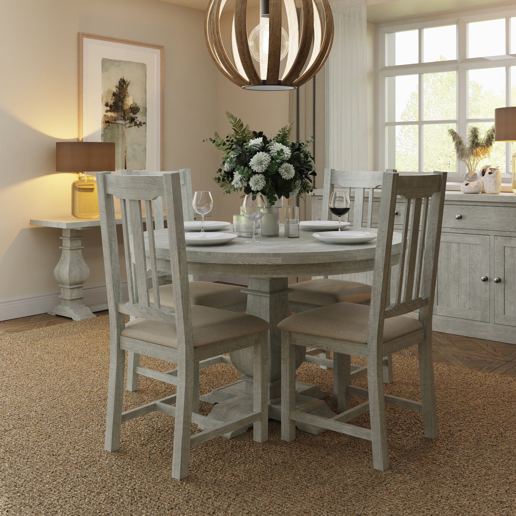 Bowood Pair of Fabric Seat Dining Chairs Solid Wood Limewash