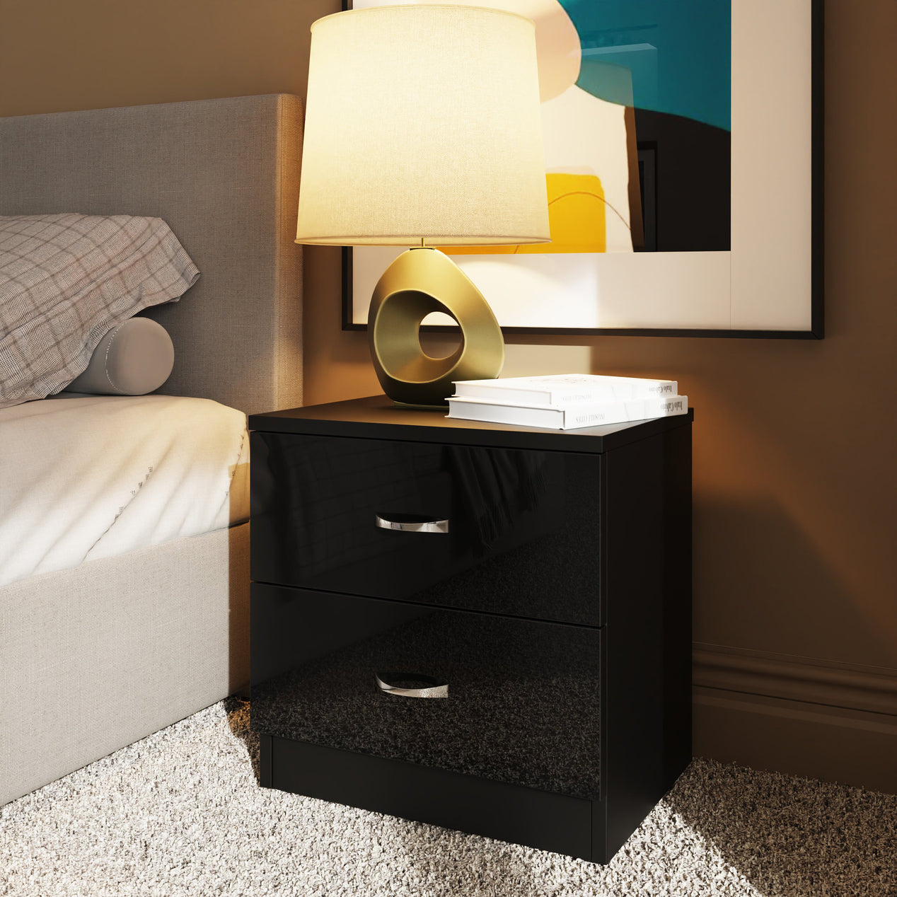 FWStyle Chilton 2 Drawer Bedside Cabinet - Black Gloss Front