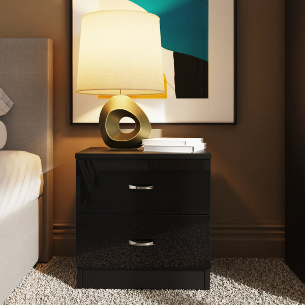 FWStyle Chilton 2 Drawer Bedside Cabinet - Black Gloss Front