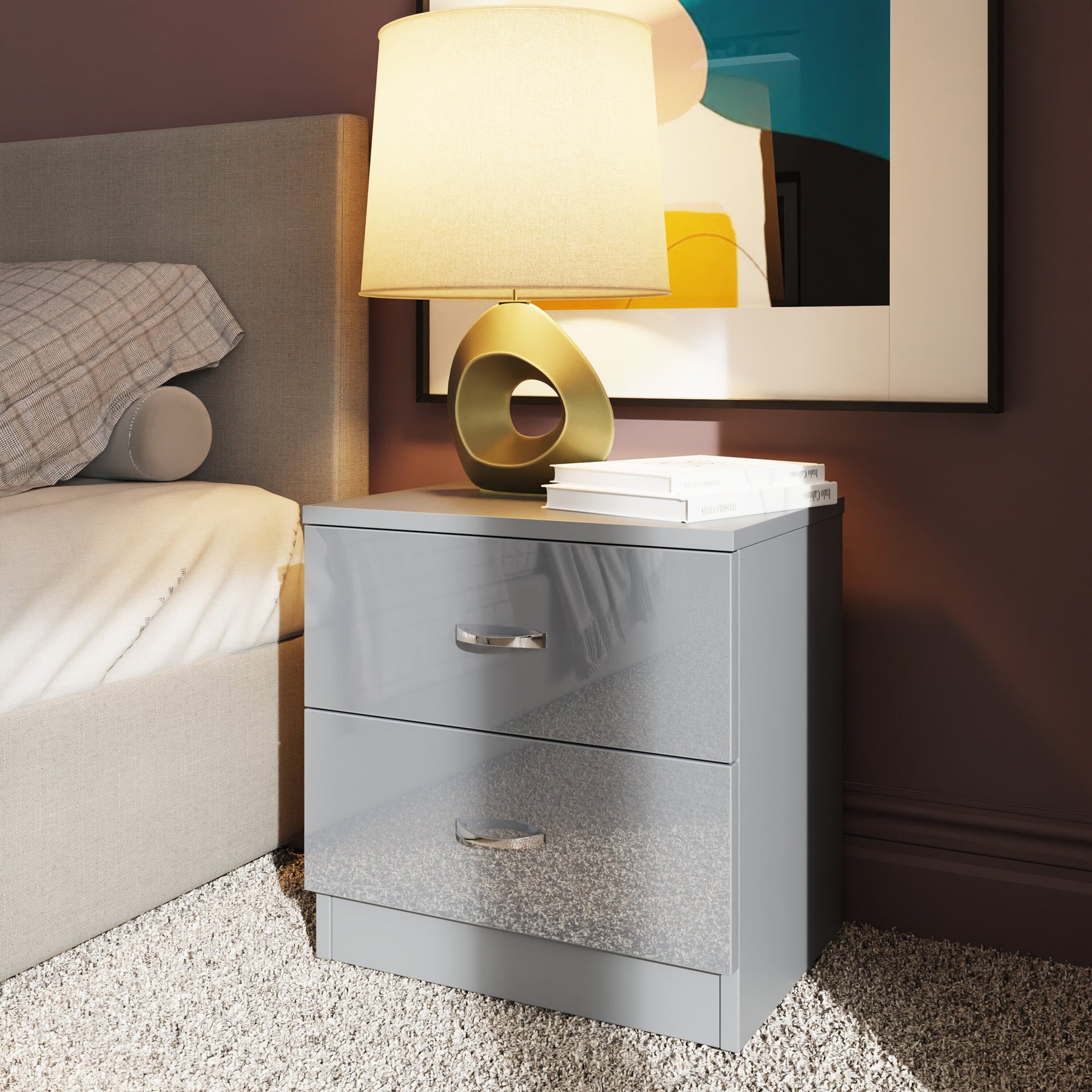 FWStyle Chilton 2 Drawer Bedside Cabinet - Grey Gloss Front