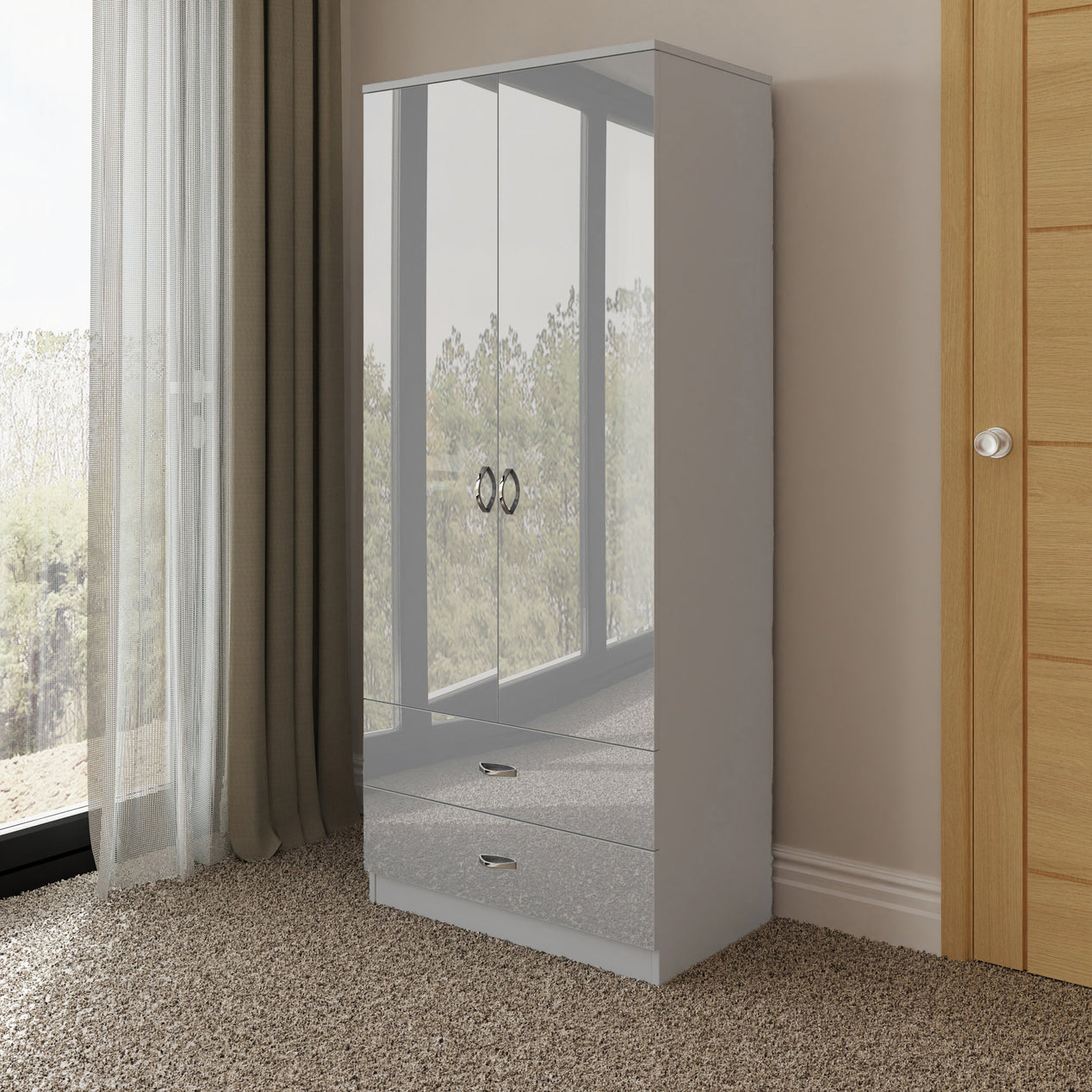 FWStyle Chilton Combination Wardrobe 2 Door 2 Drawer - Grey Gloss Front