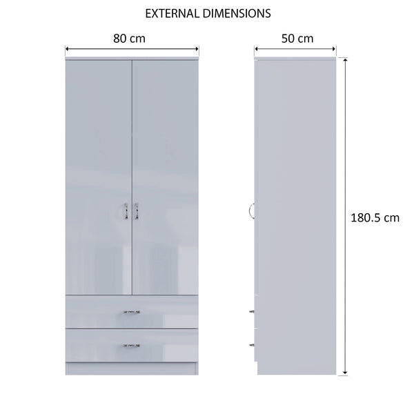 FWStyle Chilton Combination Wardrobe 2 Door 2 Drawer - Grey Gloss Front