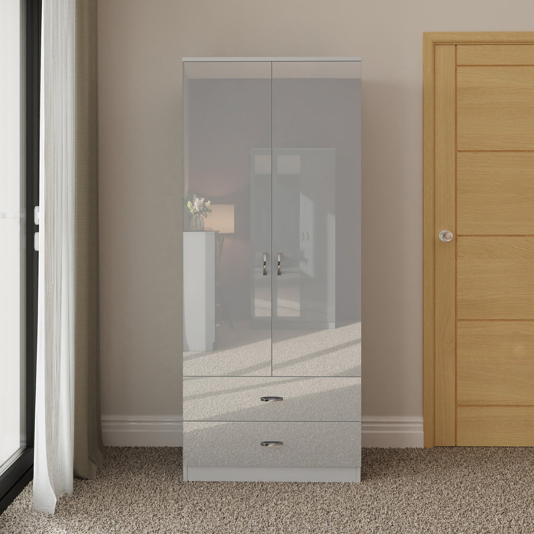 FWStyle Chilton Combination Wardrobe 2 Door 2 Drawer - Grey Gloss Front