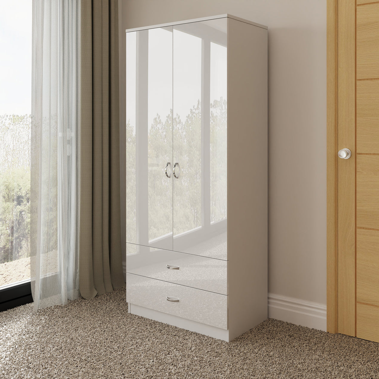 FWStyle Chilton Combination Wardrobe 2 Door 2 Drawer - White Gloss Front