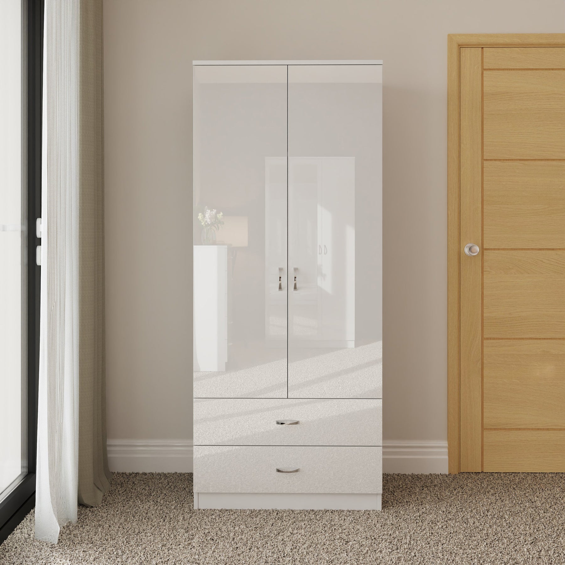 FWStyle Chilton Combination Wardrobe 2 Door 2 Drawer - White Gloss Front