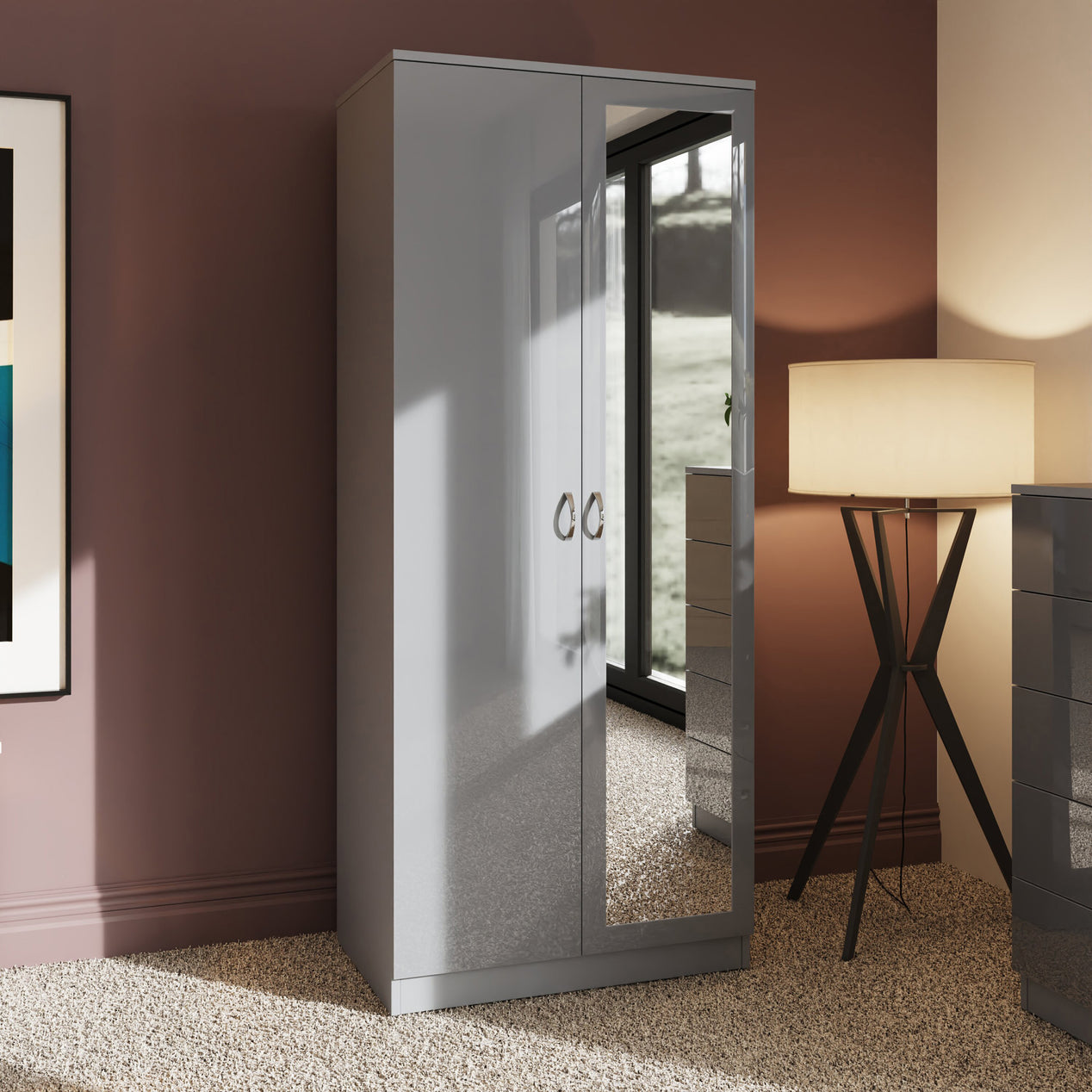 FWStyle Chilton 2 Door Wardrobe With Mirror - Grey Gloss Front