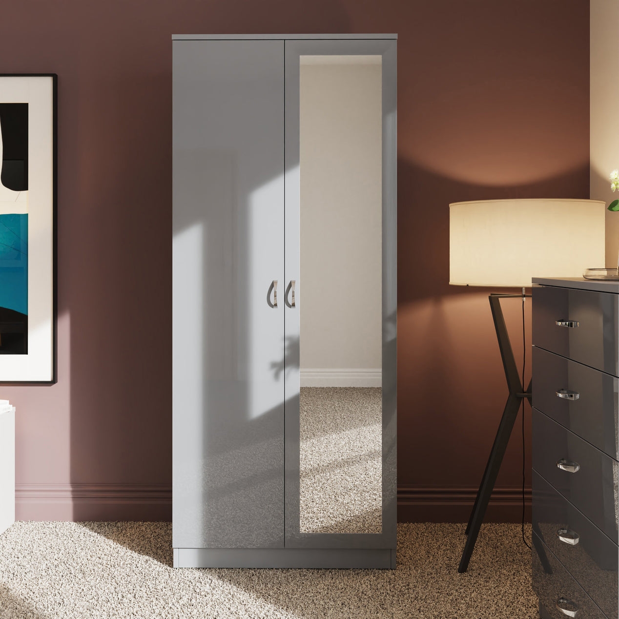 FWStyle Chilton 2 Door Wardrobe With Mirror - Grey Gloss Front