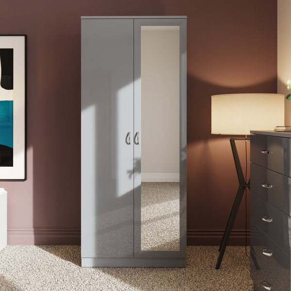 FWStyle Chilton 2 Door Wardrobe With Mirror - Grey Gloss Front