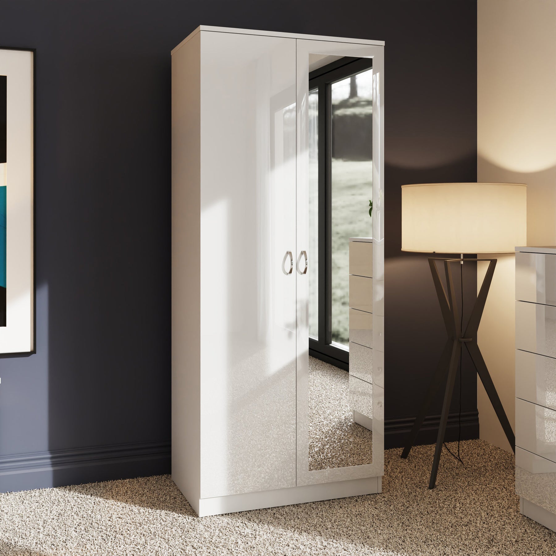 FWStyle Chilton 2 Door Wardrobe With Mirror - White Gloss Front