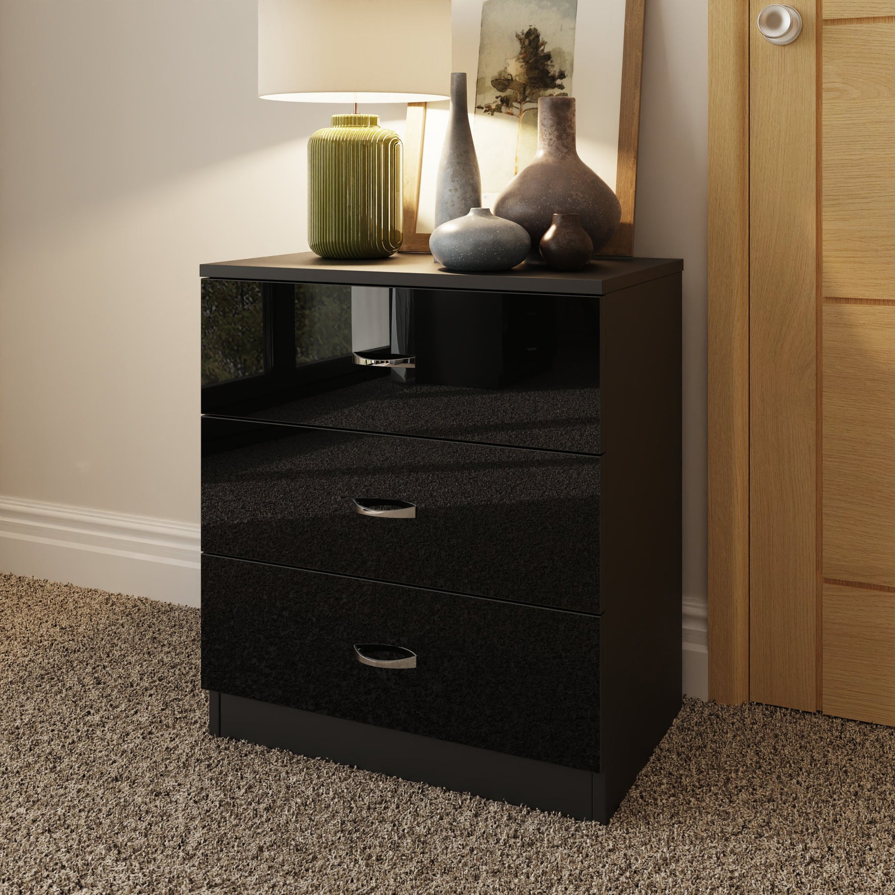 FWStyle Chilton 3 Drawer Chest Of Drawers - Black Gloss Front