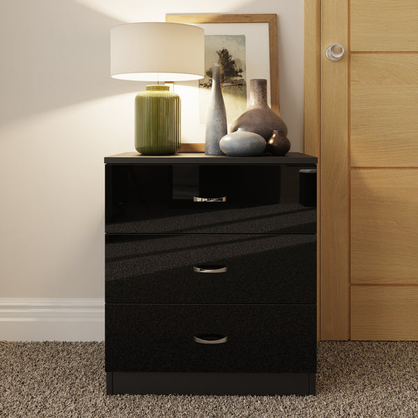 FWStyle Chilton 3 Drawer Chest Of Drawers - Black Gloss Front