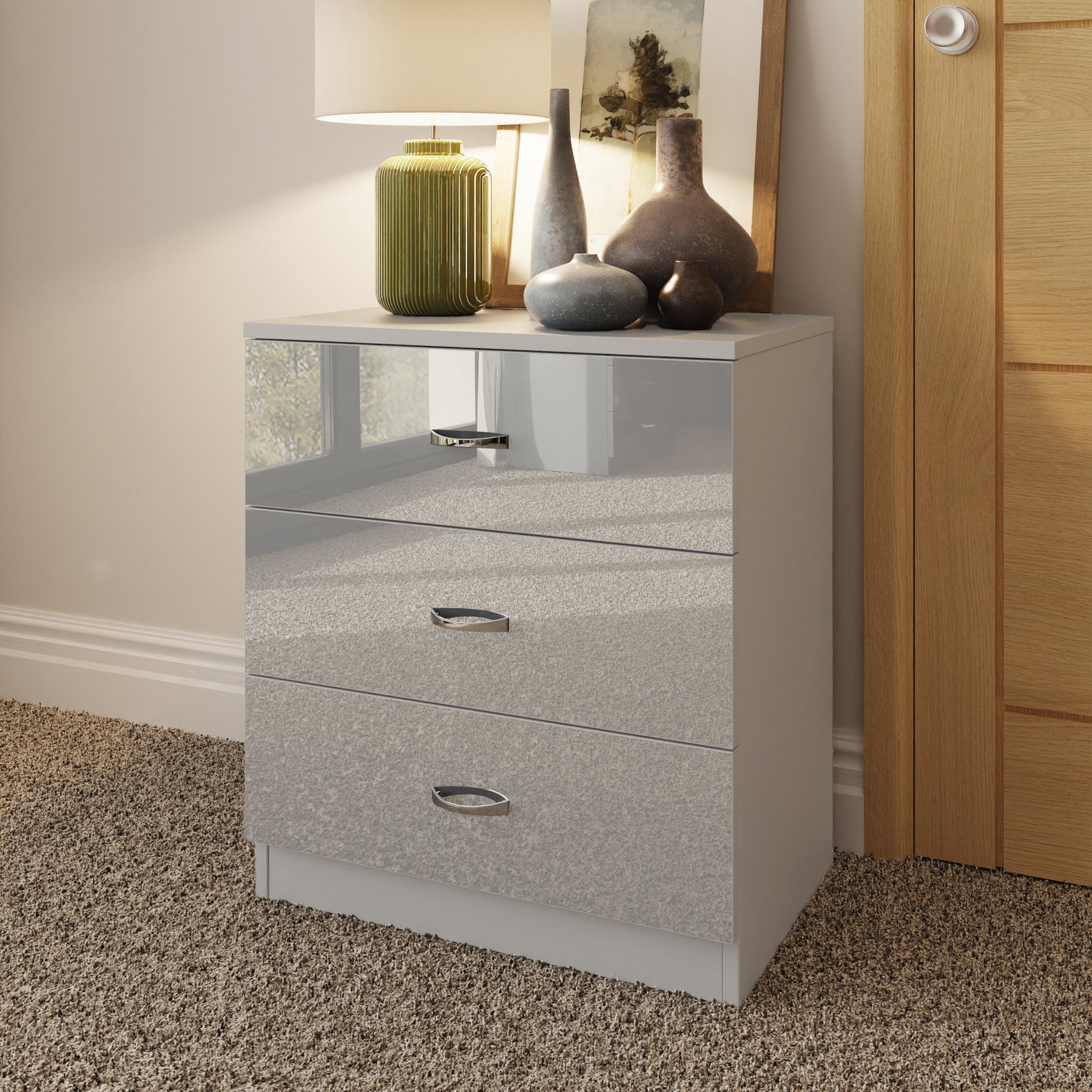 FWStyle Chilton 3 Drawer Chest Of Drawers - Grey Gloss Front