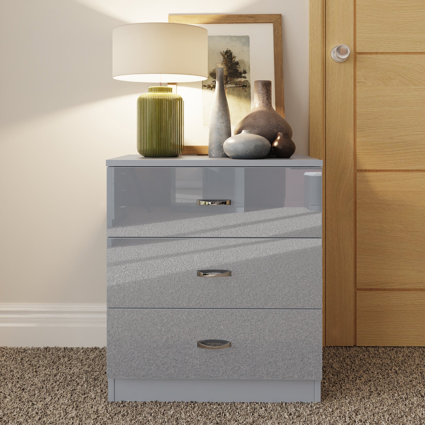 FWStyle Chilton 3 Drawer Chest Of Drawers - Grey Gloss Front
