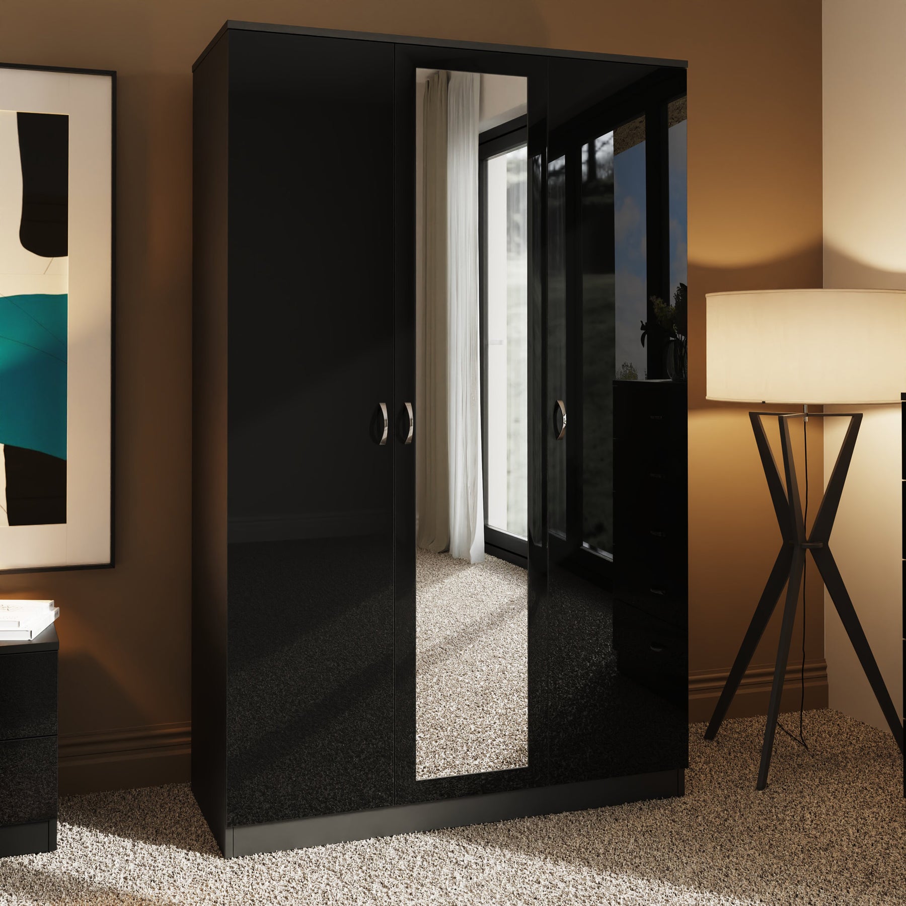 FWStyle Chilton 3 Door Wardrobe With Mirror - Black Gloss Front