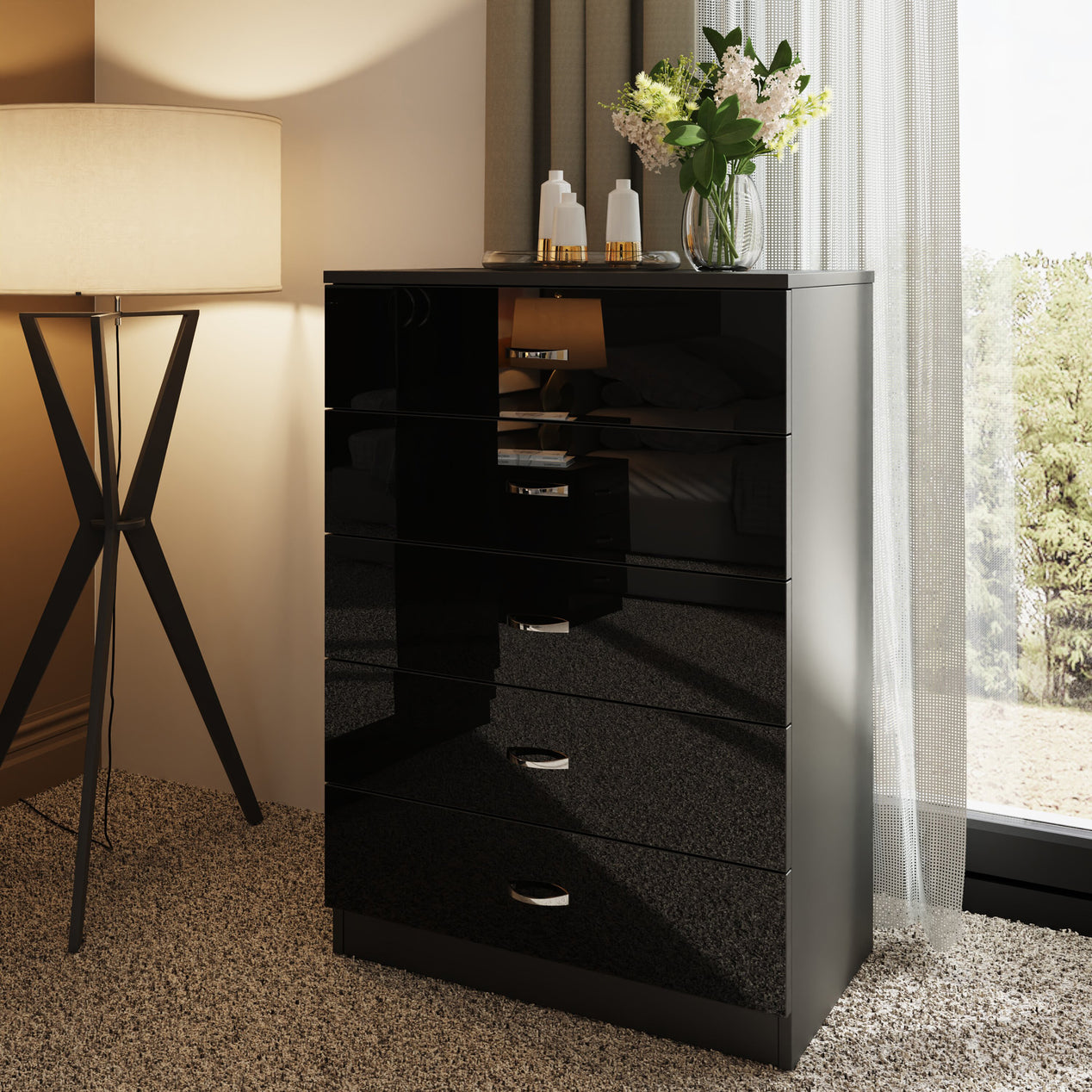 FWStyle Chilton 5 Drawer Chest Of Drawers - Black Gloss Front