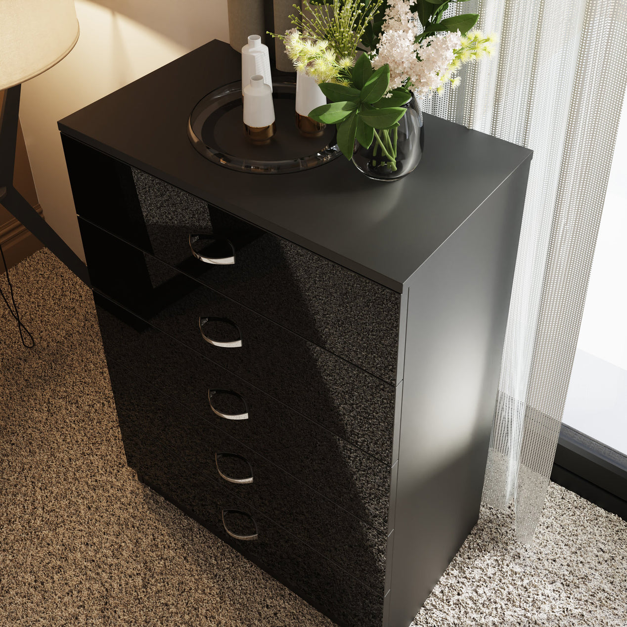 FWStyle Chilton 5 Drawer Chest Of Drawers - Black Gloss Front