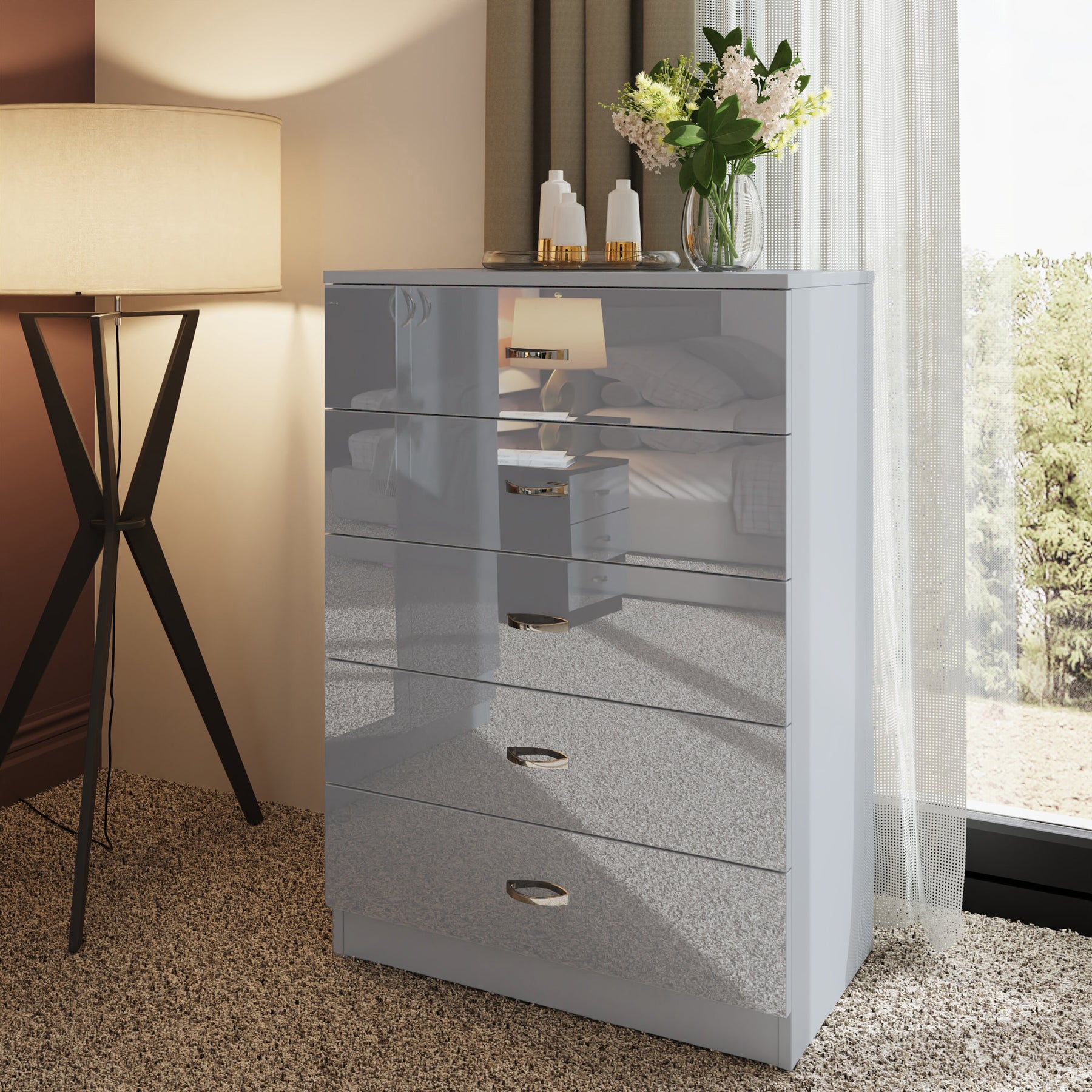 FWStyle Chilton 5 Drawer Chest Of Drawers - Grey Gloss Front