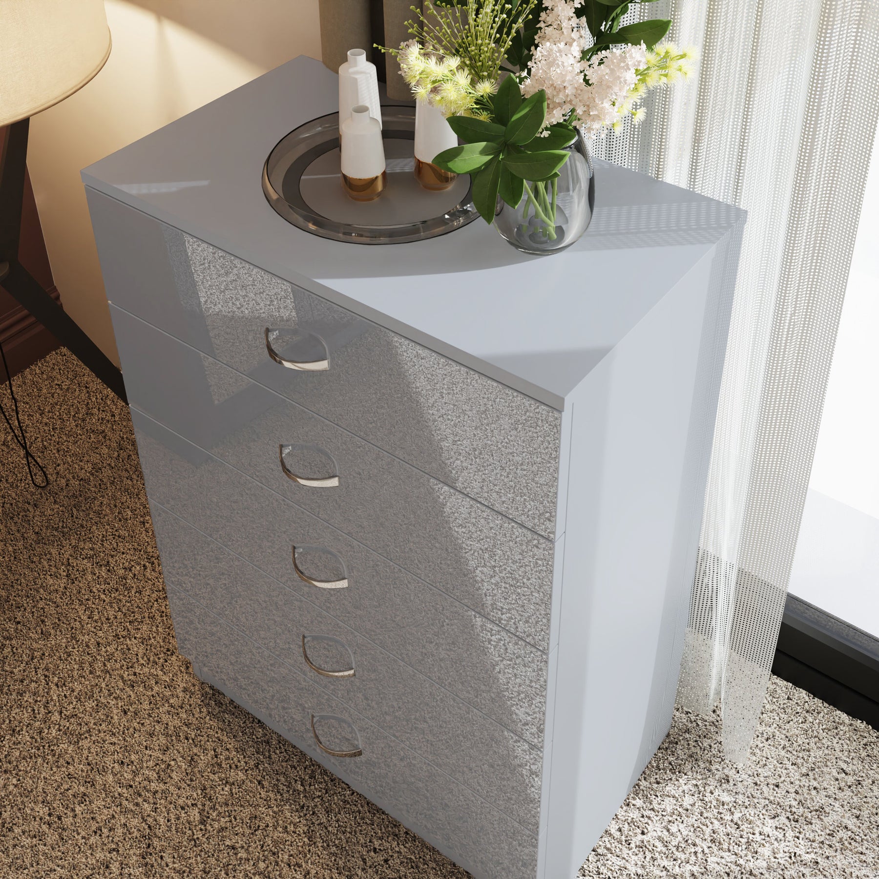 FWStyle Chilton 5 Drawer Chest Of Drawers - Grey Gloss Front