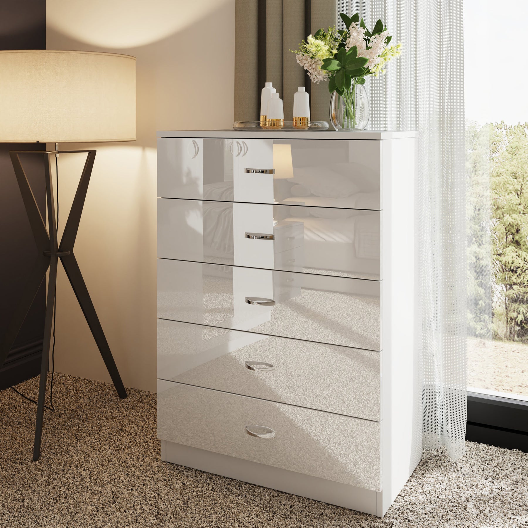 FWStyle Chilton 5 Drawer Chest Of Drawers - White Gloss Front