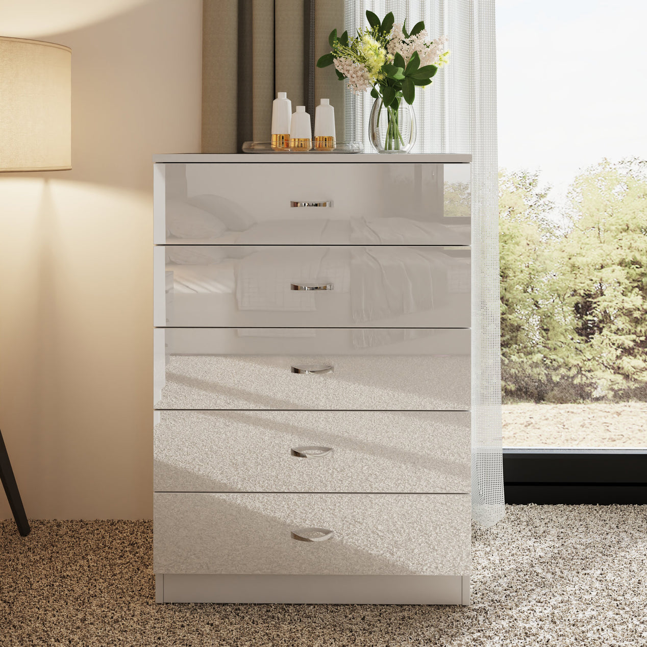 FWStyle Chilton 5 Drawer Chest Of Drawers - White Gloss Front